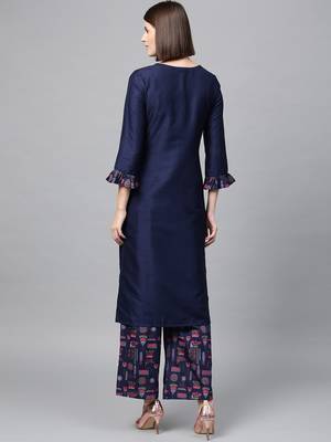 Women's Navy Blue Gold Print and Khadi Print Straight Polysilk Kurta 3