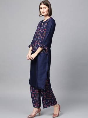 Women's Navy Blue Gold Print and Khadi Print Straight Polysilk Kurta 4