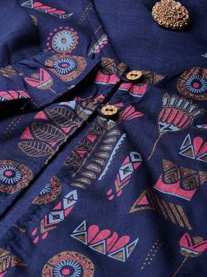 Women's Navy Blue Gold Print and Khadi Print Straight Polysilk Kurta 5