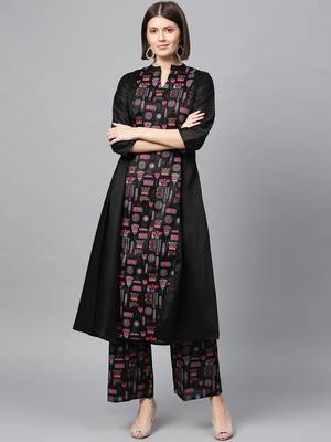 Women's Black Khadi Print A-line Polysilk Kurta 2