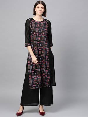 Women's Black khadi print Straight Polysilk Kurta 1