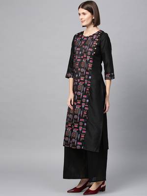 Women's Black khadi print Straight Polysilk Kurta 2