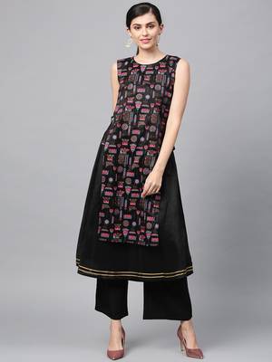 Women's Black khadi print A-line Polysilk Kurta 1