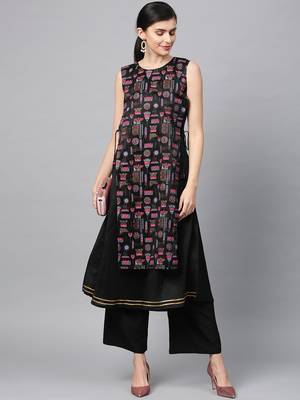 Women's Black khadi print A-line Polysilk Kurta 2