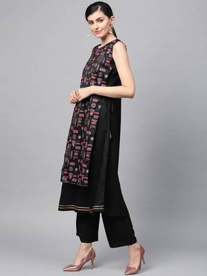 Women's Black khadi print A-line Polysilk Kurta 4