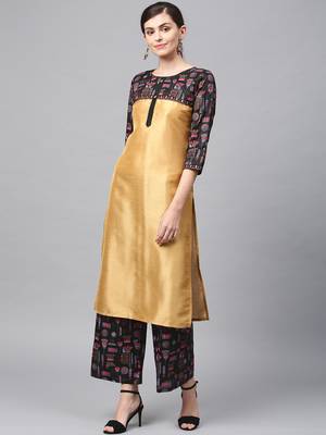 Women's Golden Khadi Print Straight Polysilk Kurta 1