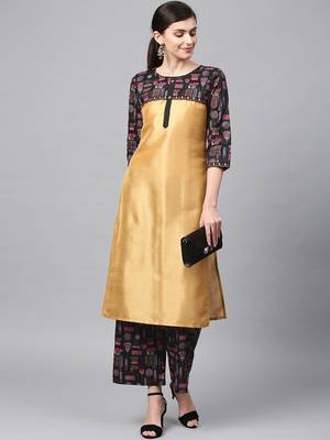 Women's Golden Khadi Print Straight Polysilk Kurta 2