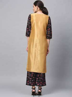 Women's Golden Khadi Print Straight Polysilk Kurta 3