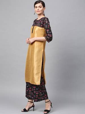Women's Golden Khadi Print Straight Polysilk Kurta 4