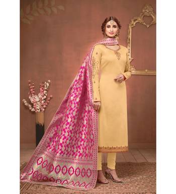 Beige & Rani Pink Cotton Jam Silk Women's Salwar Suit With Banarasi Dupatta 1