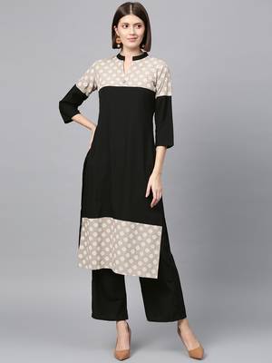 Women's Black khadi print Straight Crepe Kurta 2