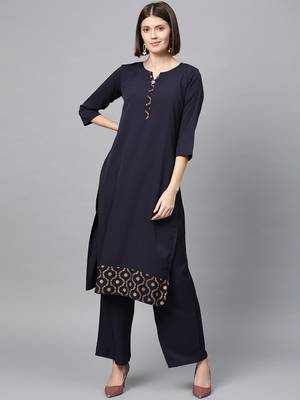Women's Blue gold print Straight Crepe Kurta 1
