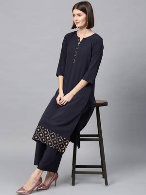 Women's Blue gold print Straight Crepe Kurta 2