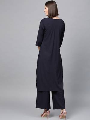 Women's Blue gold print Straight Crepe Kurta 3