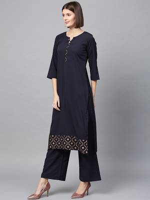 Women's Blue gold print Straight Crepe Kurta 4