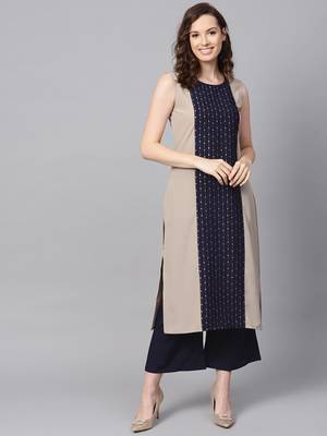 Women's Beige Color Foil Print Straight Crepe Kurta 1
