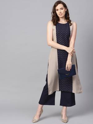 Women's Beige Color Foil Print Straight Crepe Kurta 2