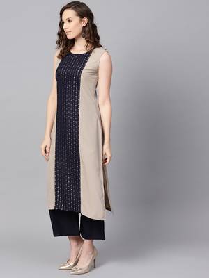 Women's Beige Color Foil Print Straight Crepe Kurta 4