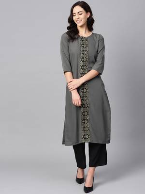 Women's Grey Color Foil Print Straight Crepe Kurta 1