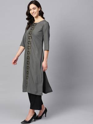 Women's Grey Color Foil Print Straight Crepe Kurta 2