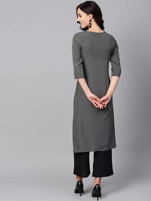 Women's Grey Color Foil Print Straight Crepe Kurta 3
