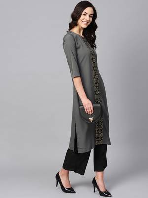 Women's Grey Color Foil Print Straight Crepe Kurta 4