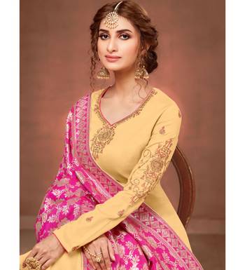 Beige & Rani Pink Cotton Jam Silk Women's Salwar Suit With Banarasi Dupatta 2