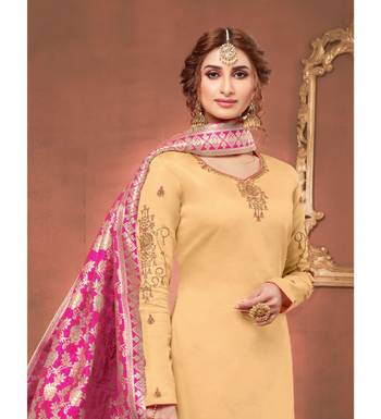 Beige & Rani Pink Cotton Jam Silk Women's Salwar Suit With Banarasi Dupatta 3