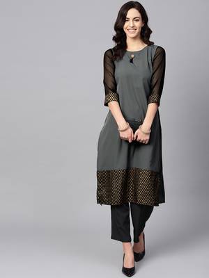 Women's Grey Color Foil Print Straight Crepe Kurta 1