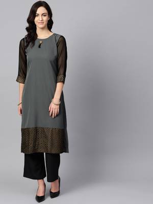 Women's Grey Color Foil Print Straight Crepe Kurta 2