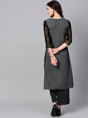 Women's Grey Color Foil Print Straight Crepe Kurta 3
