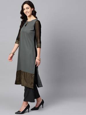 Women's Grey Color Foil Print Straight Crepe Kurta 4