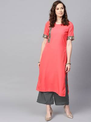 Women's Peach Color Solid Straight Crepe Kurta 1