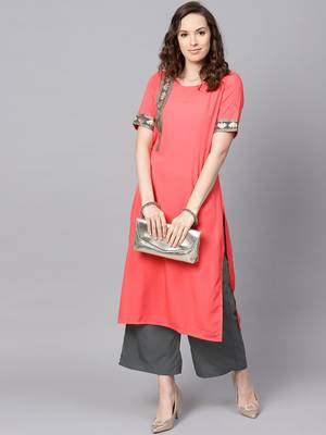Women's Peach Color Solid Straight Crepe Kurta 2