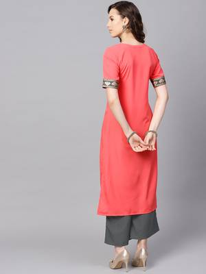 Women's Peach Color Solid Straight Crepe Kurta 3