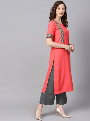 Women's Peach Color Solid Straight Crepe Kurta 4