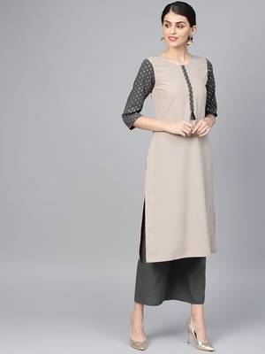 Women's Beige Color Solid Straight Crepe Kurta 1