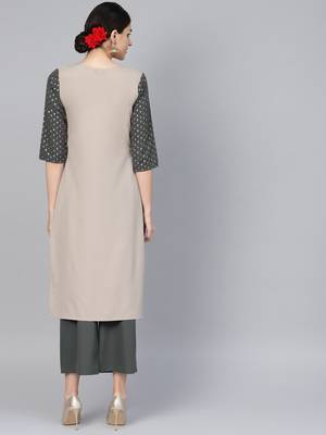 Women's Beige Color Solid Straight Crepe Kurta 3