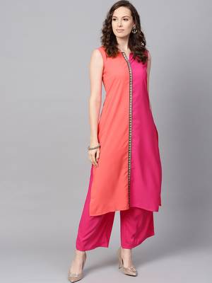 Women's Pink Color Solid Straight Crepe Kurta 1