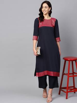 Women's Blue Color Solid Straight Crepe Kurta 2