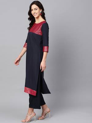 Women's Blue Color Solid Straight Crepe Kurta 4