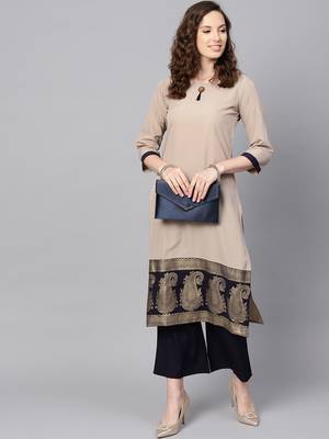 Women's Beige Color Solid Straight Crepe Kurta 1