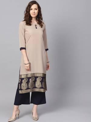 Women's Beige Color Solid Straight Crepe Kurta 2