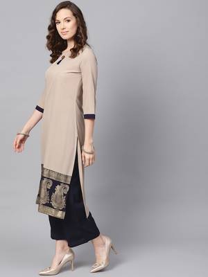 Women's Beige Color Solid Straight Crepe Kurta 4