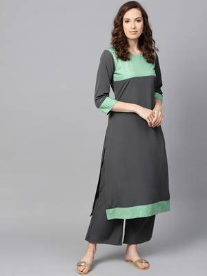 Women's Grey Color Foil Print Straight Crepe Kurta 2