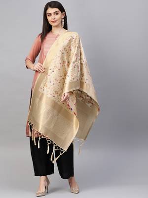 Beige Banarasi Silk Foil Printed Dupatta 1