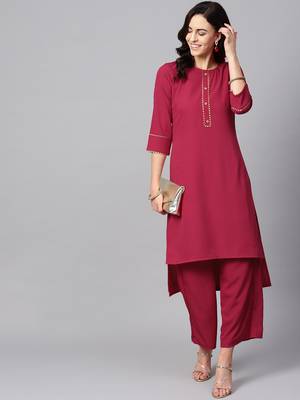 Women's Pink Color Solid Straight Crepe Kurta 2