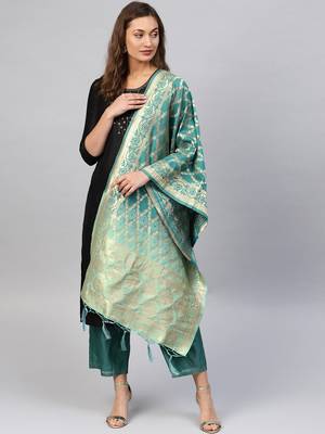 Turquoise Banarasi Silk Foil Printed Dupatta 1