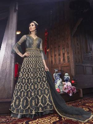 Grey Designer Net Anarkali Suit  1
