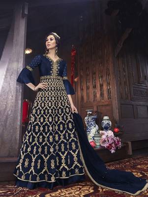 Dark Blue Designer Net Anarkali Suit  1